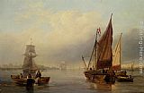 French Canvas Paintings - French fishing vessels heading out to sea